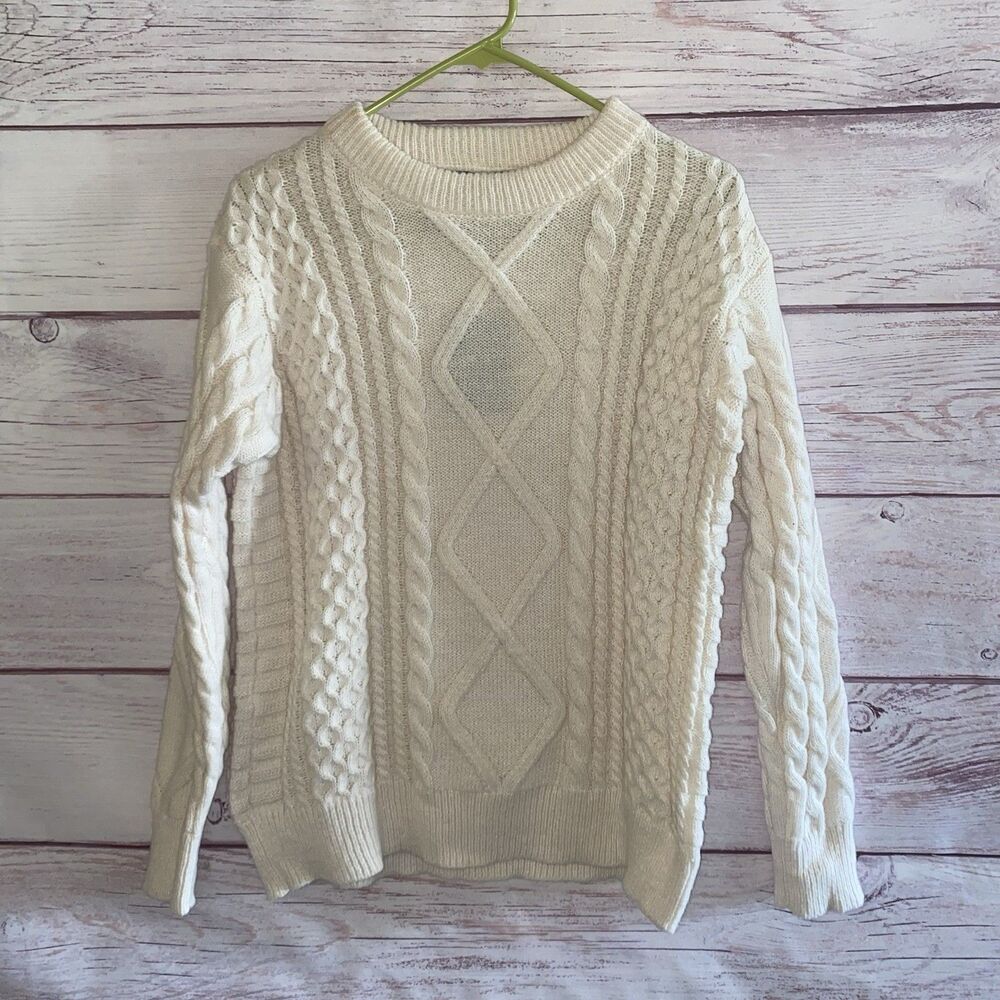 Aelfric Eden Retro 90s Womens Cable Knit Sweater XS Cream Fisherman Aran